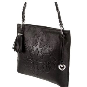 Brighton Black Embossed Leather Shoulder Bag Piper Slim with Tassel 12x10
